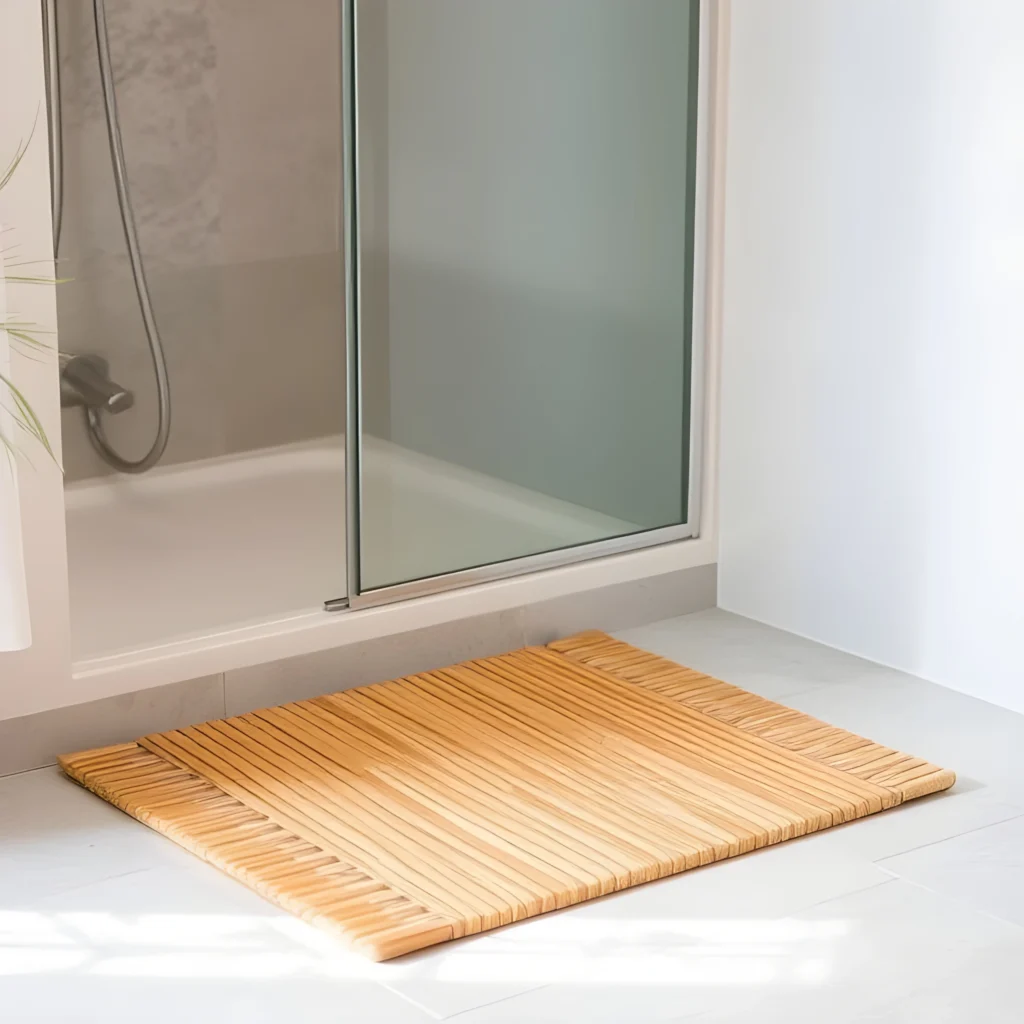 Bamboo bath mat in Japandi bathroom