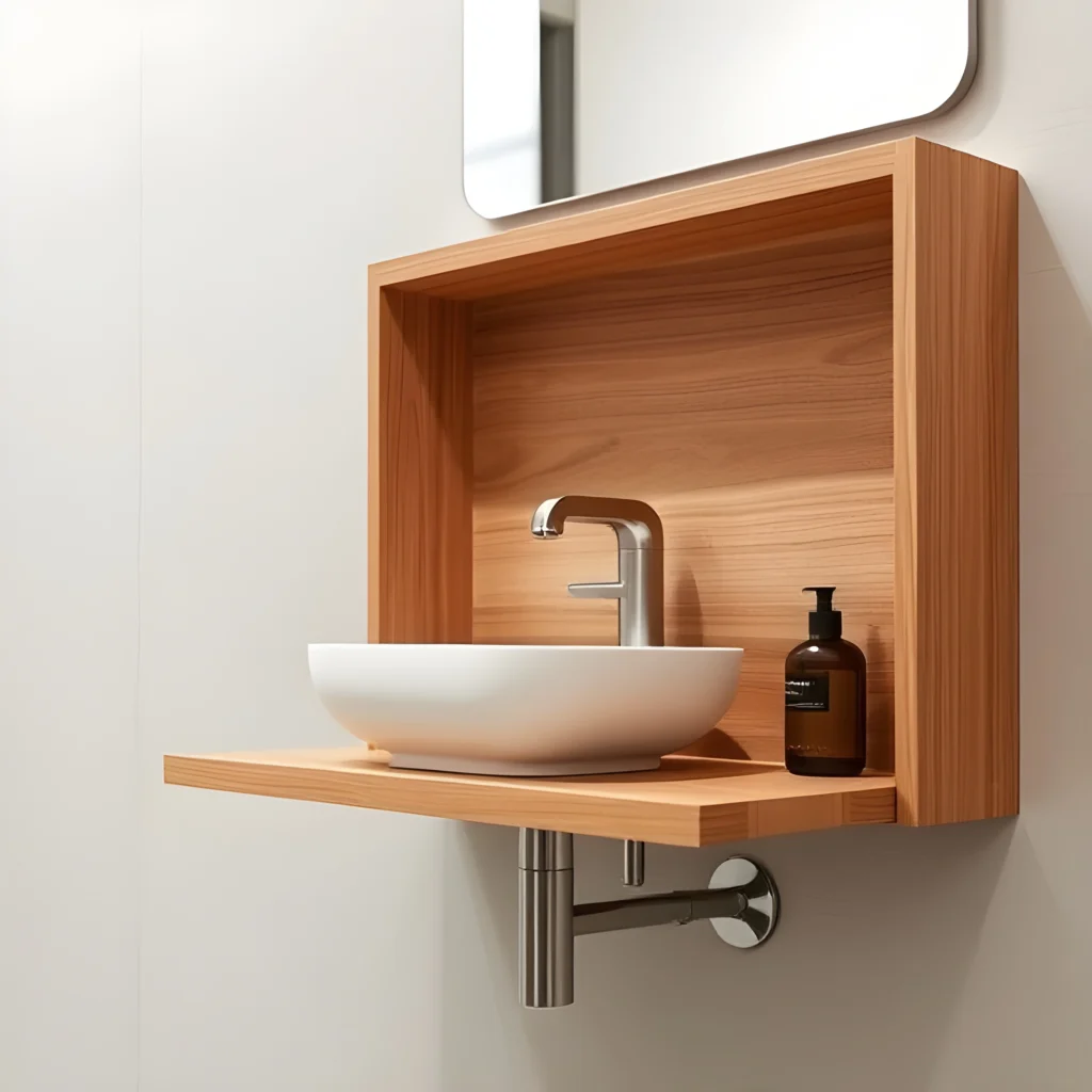 Floating wood vanity shelf with integrated sink in Japandi bathroom