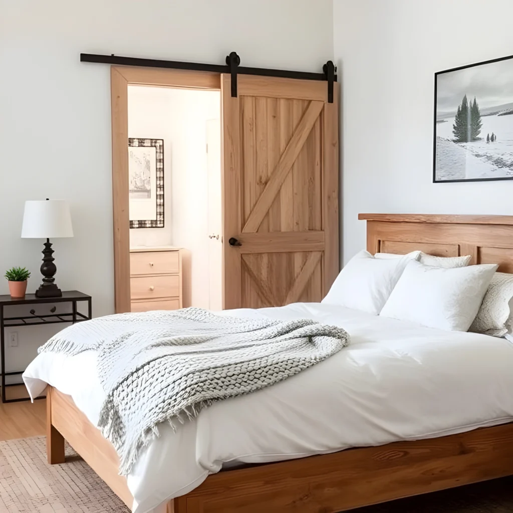 A cozy industrial farmhouse bedroom featuring rustic wood furniture and metal accents.