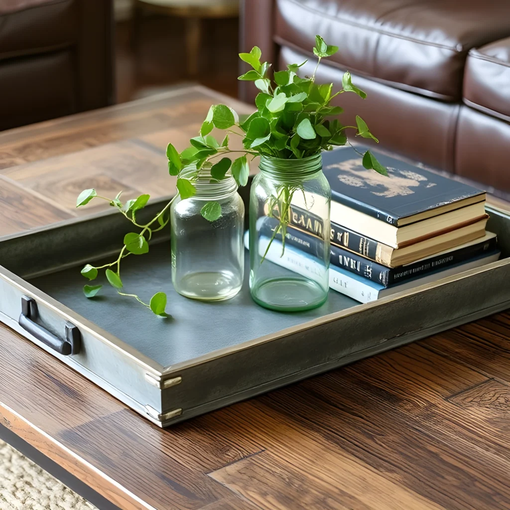 A reclaimed wood coffee table with rustic decor elements in an industrial farmhouse living room.