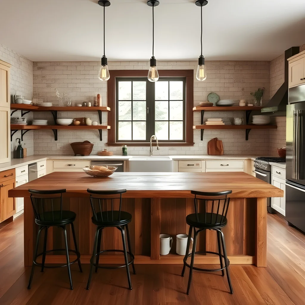 A spacious industrial farmhouse kitchen with a blend of rustic and industrial materials.