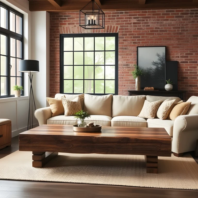 A warm industrial farmhouse living room with a mix of reclaimed wood, soft textiles, and metal accents.