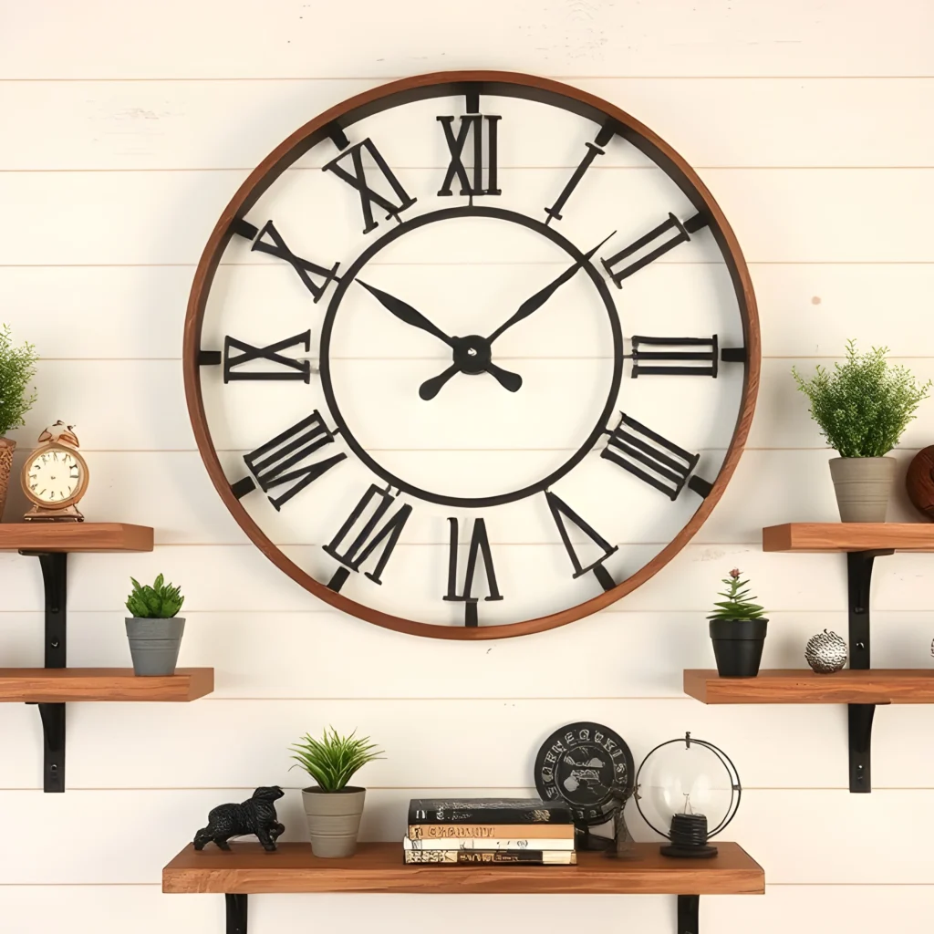 Industrial farmhouse wall decor with a rustic clock and floating shelves on a shiplap wall.