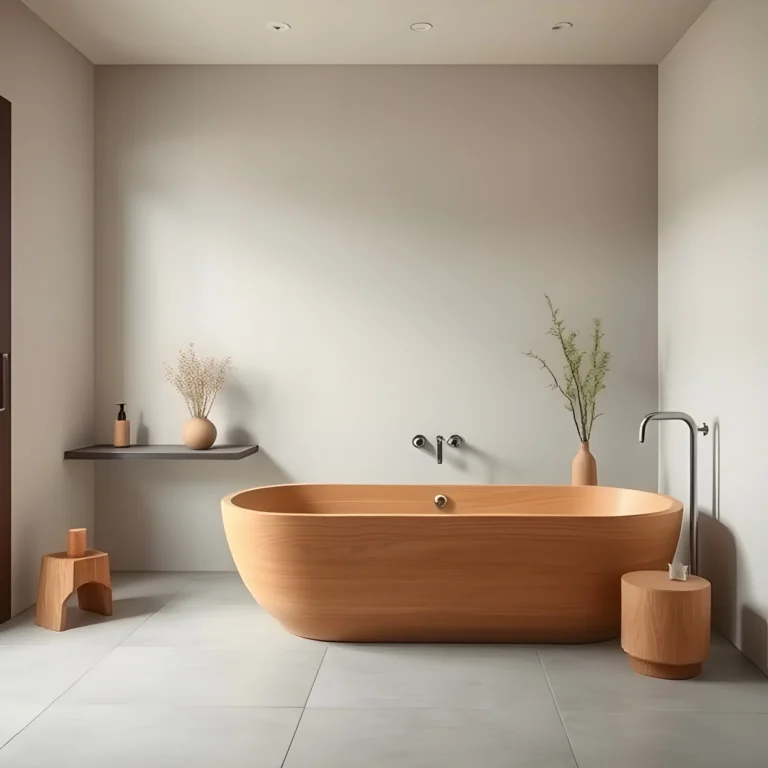 Japandi bathroom with freestanding wooden bathtub and minimalist design