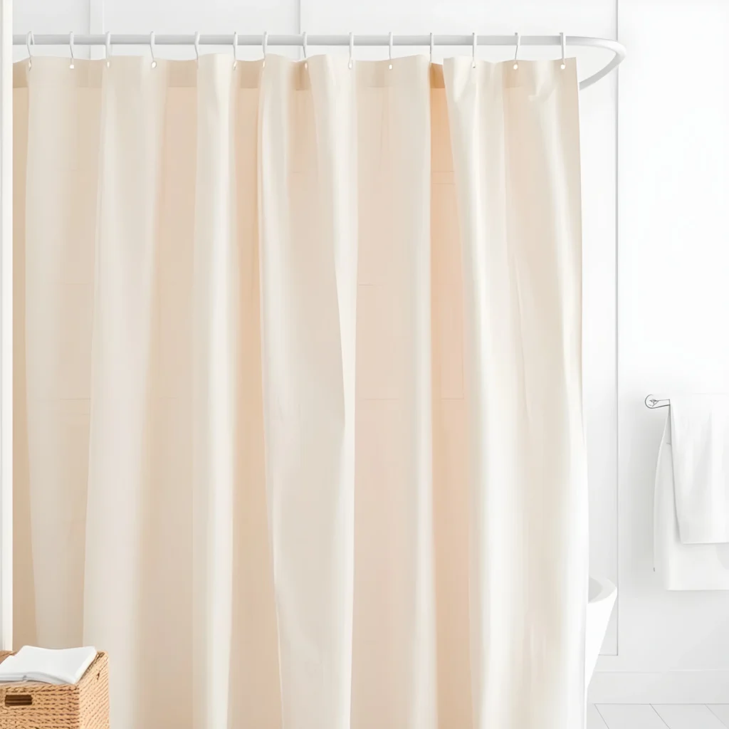 Linen shower curtain in minimalist Japandi bathroom