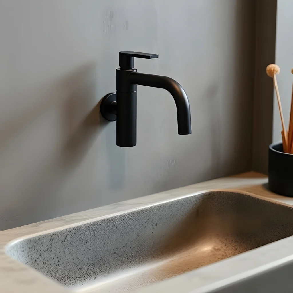 Matte black wall-mounted faucet over stone sink in Japandi bathroom