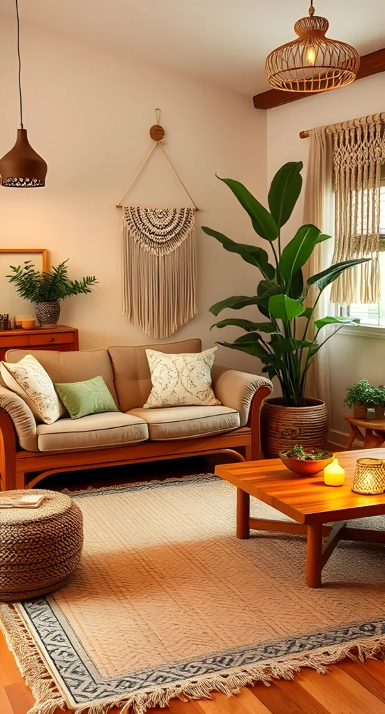 A Boho living room corner with lush greenery in rattan planters, hanging macrame planters, a woven basket, and cozy accents like throw blankets and colorful pillows.