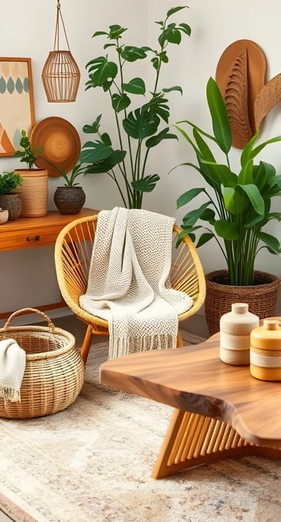 A Boho-inspired living room showcasing a rattan chair, a cozy woven throw, a wooden coffee table, and a wicker basket, accented with lush greenery and natural textures.