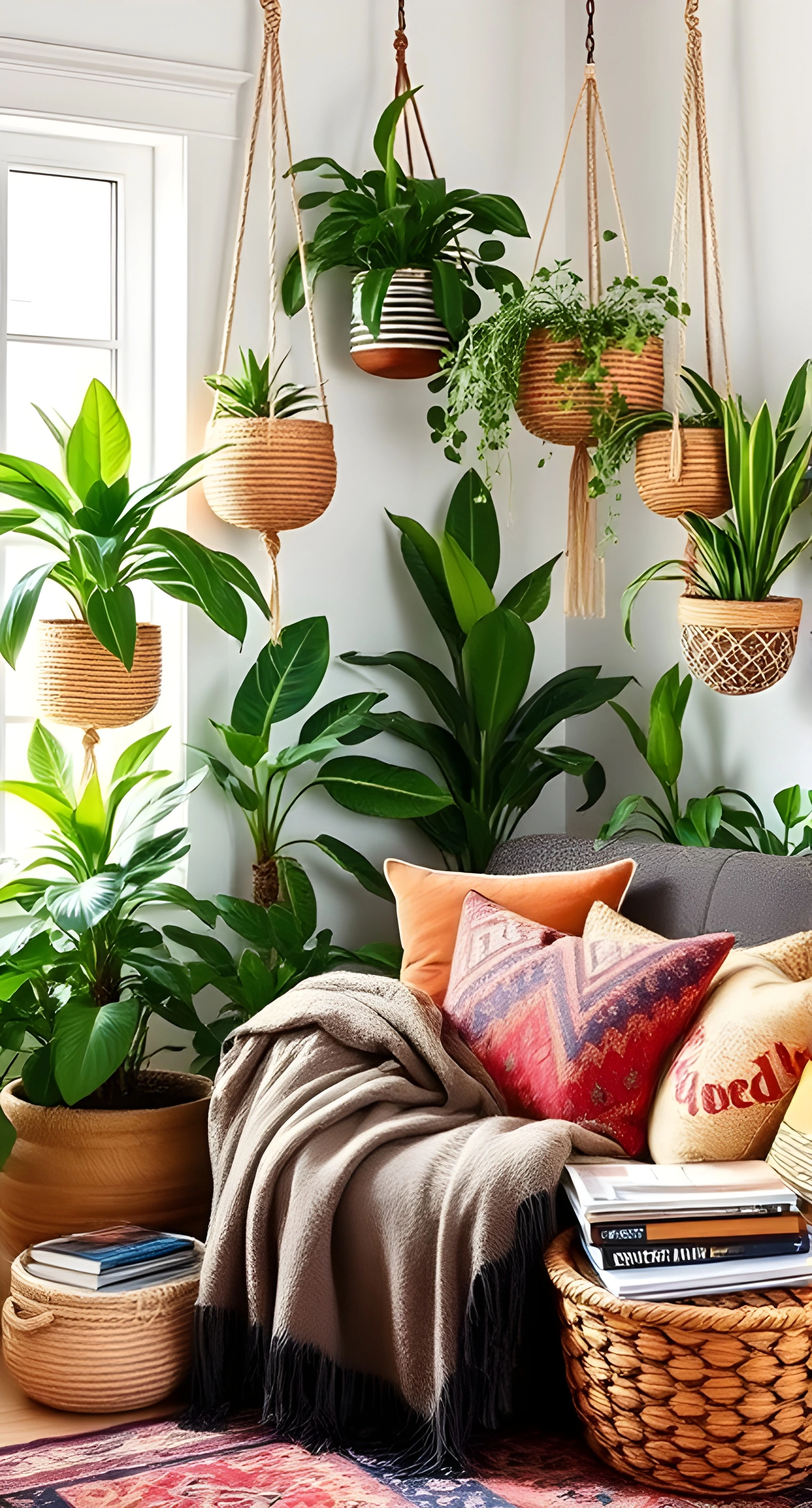 Close-up of a Boho-style living room corner featuring colorful patterned throw pillows, a textured woven rug, and earthy tones like terracotta, mustard, and green.