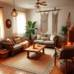 A cozy Boho living room with a neutral color palette, vibrant throw pillows, a woven rug, a wooden coffee table, and soft lighting from pendant lamps, surrounded by natural elements like rattan and plants.