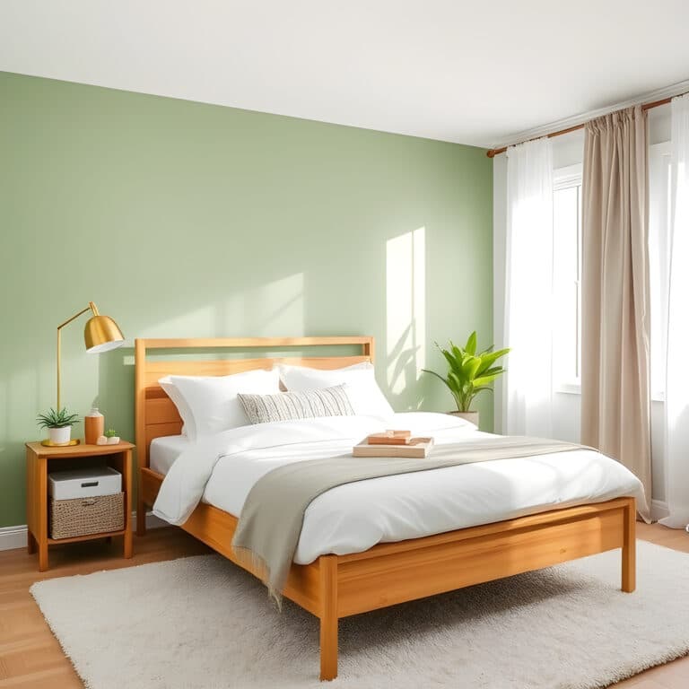 Modern sage green bedroom with accent wall, wood bed frame, and brass table lamp.